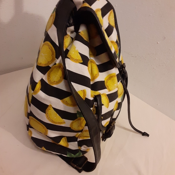 Hot Topic Canvas & Faux Leather Lemon Striped Backpack - Picture 5 of 9